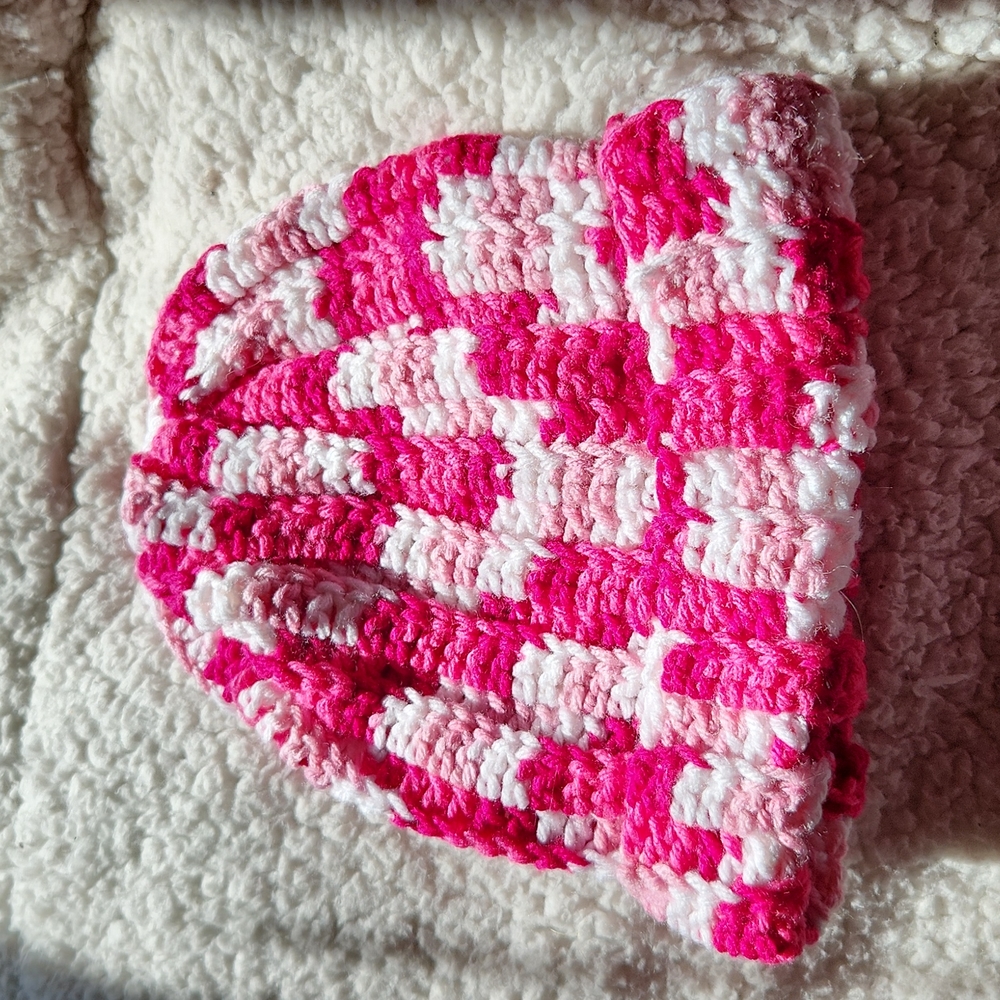 OOAK new handmade pink white beanie cap hat